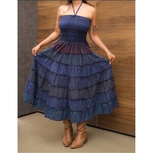 Maxi Convertible Tiered Smocked Halter Skirt Dress Blue OS Boho Festival